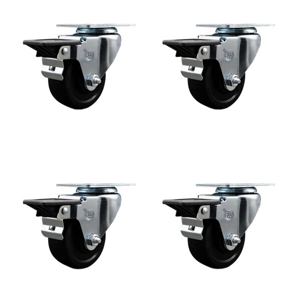 3'' Soft Rubber Wheel Swivel Top Plate Caster Set Posi Brake, 4PK